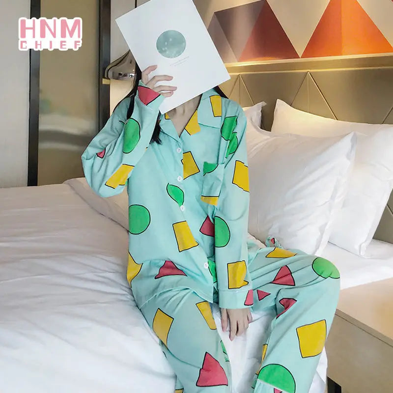 Pijama Schin Chan Pijamas Para Parejas 2-piece Set Home Causal V-neck Long Sleeve Nightgown Autumn Trousers Couple Pajama Sets