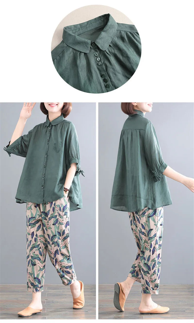 Pant Suits Women Summer New Korean Loose Fashion Sets Thin Cotton Shirt+Trousers Suit Female Retro Two Piece Set Women Green set