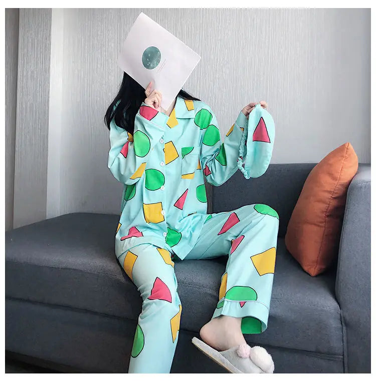 Pijama Schin Chan Pijamas Para Parejas 2-piece Set Home Causal V-neck Long Sleeve Nightgown Autumn Trousers Couple Pajama Sets