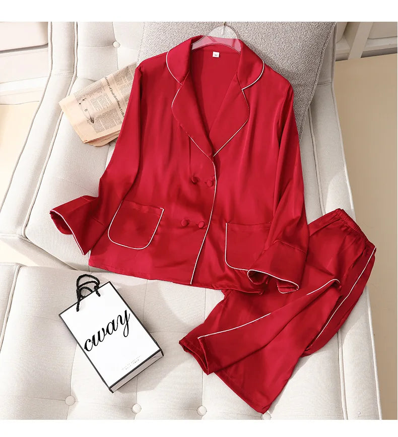 Pajama Set PJS For Women Satin Silky Pyjama Long Sleeve Casual Sleepwear Nightwear Loungewear Rayon 2 Piece Home Wear