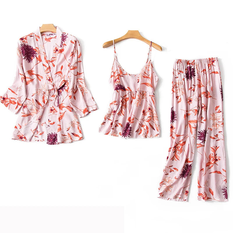Women's Pajama Robe Set Sleepwear Suit Flower Printed Pijama Warm Home Clothing Nightwear Pyjama Women Sexy Lingerie 3 pieces