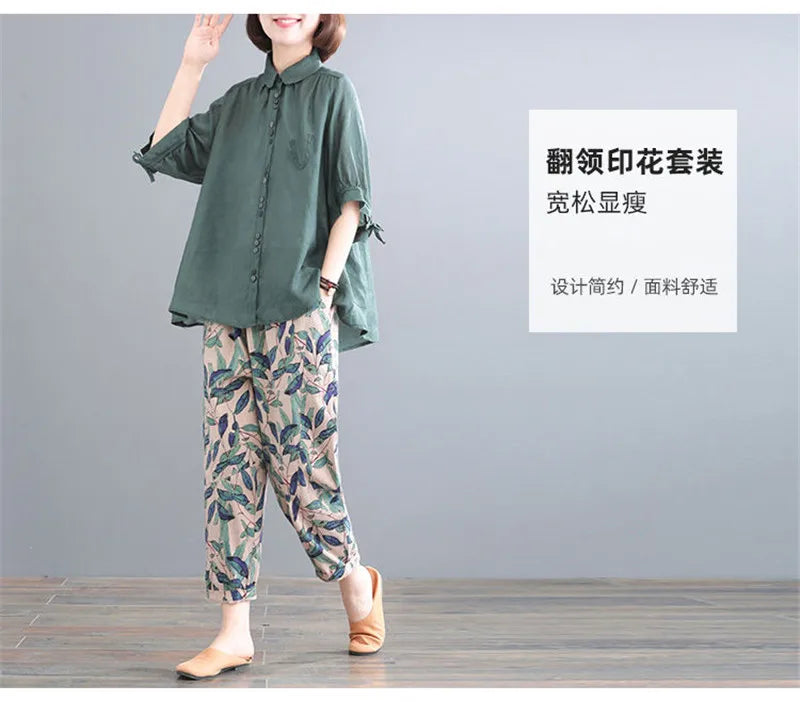Pant Suits Women Summer New Korean Loose Fashion Sets Thin Cotton Shirt+Trousers Suit Female Retro Two Piece Set Women Green set