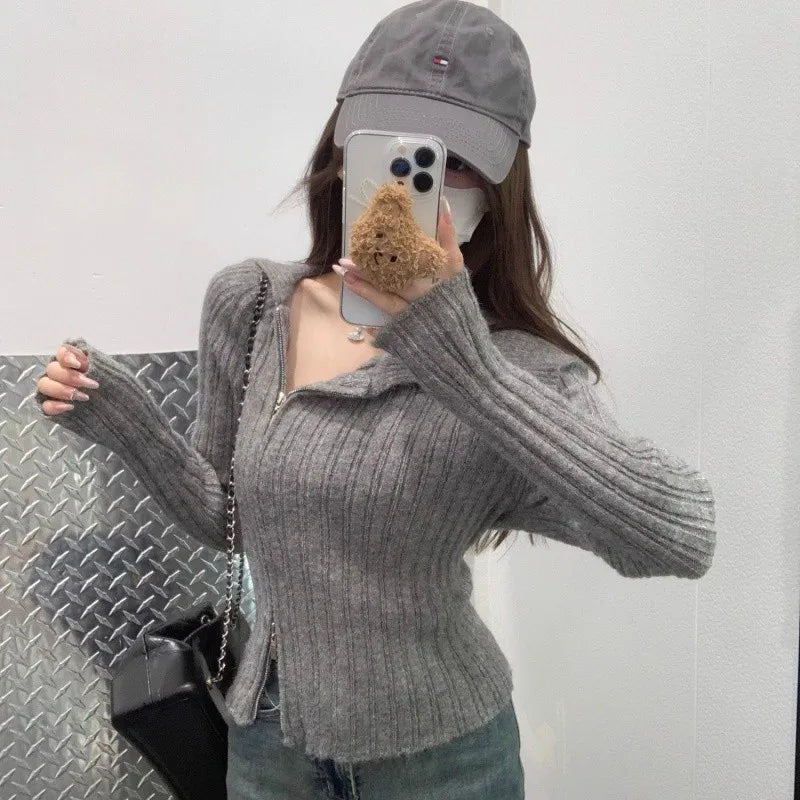 Spring New Arrival Fashion Lady Wide Collar Zip Slim Fit Tight Jumper