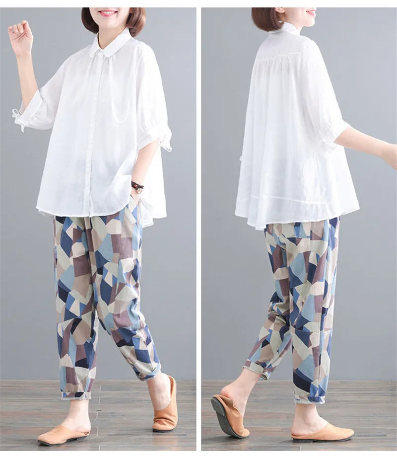 Pant Suits Women Summer New Korean Loose Fashion Sets Thin Cotton Shirt+Trousers Suit Female Retro Two Piece Set Women Green set