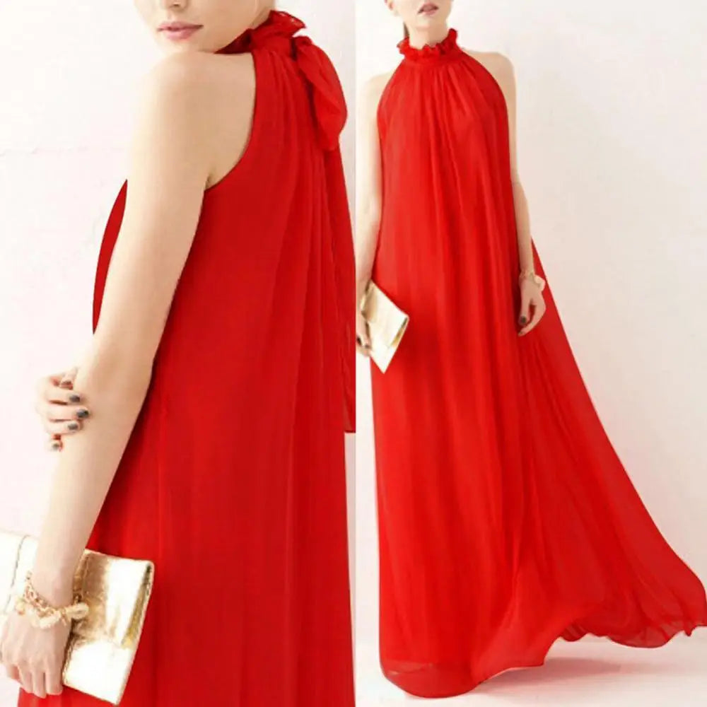 Bohemian Loose Long Dresses Women Summer Autumn Evening Party Solid Color Ruffled Collar Sleeveless Maxi Dress with Belt
