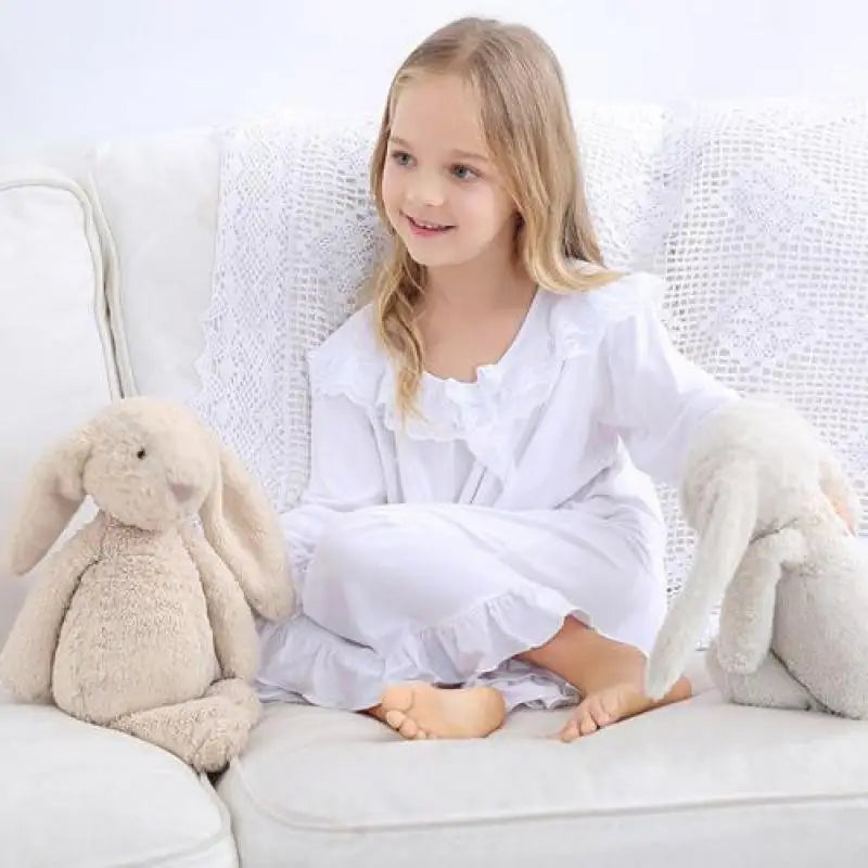 Pajama Dress Girl White Bow Long Sleeve Nightdress For Girls High-grade Cotton Children Nightwear Sweet Home Wear Nightdress