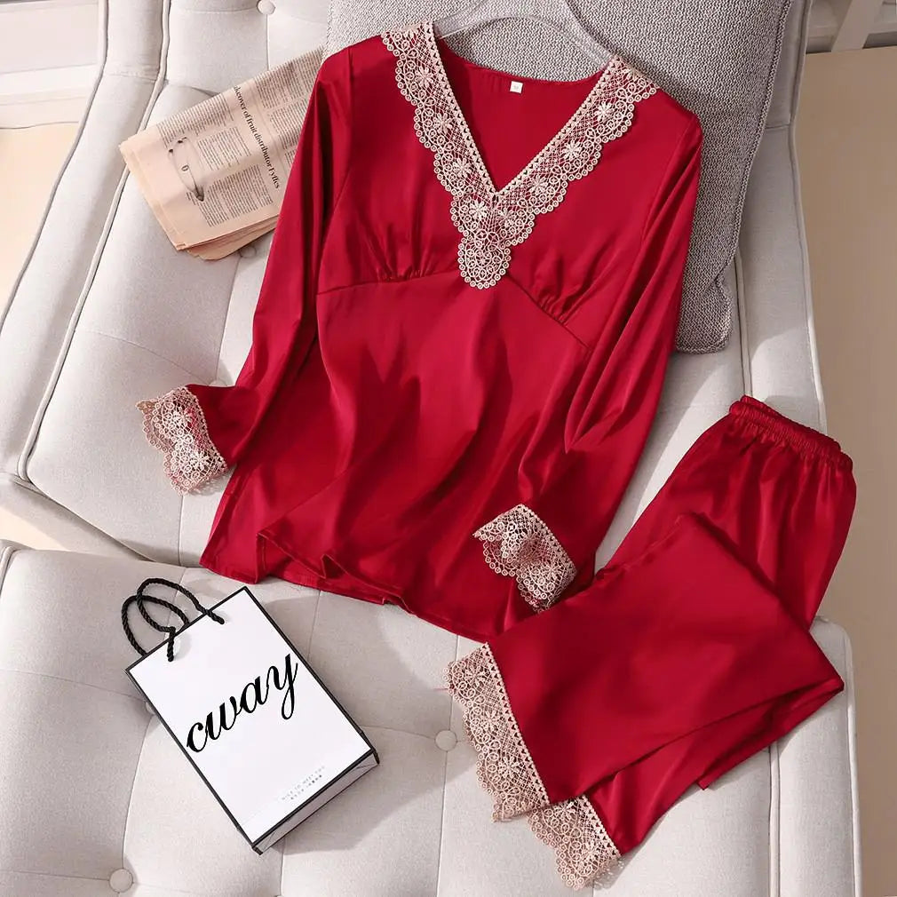 Pajama Set PJS For Women Satin Silky Pyjama Long Sleeve Casual Sleepwear Nightwear Loungewear Rayon 2 Piece Home Wear