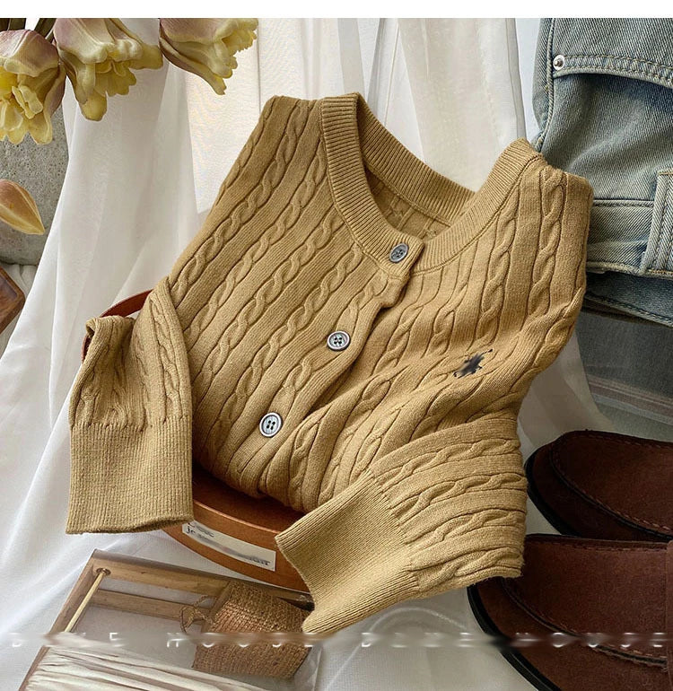 New Autumn Winter Solid Color O-Neck Twist Cable Cardigan Sweater Tops Women's Clothing
