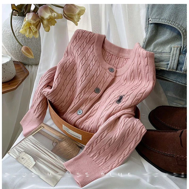 New Autumn Winter Solid Color O-Neck Twist Cable Cardigan Sweater Tops Women's Clothing