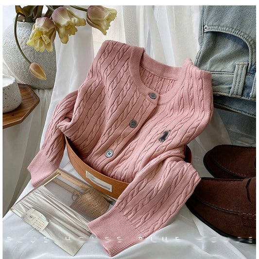 New Autumn Winter Solid Color O-Neck Twist Cable Cardigan Sweater Tops Women's Clothing