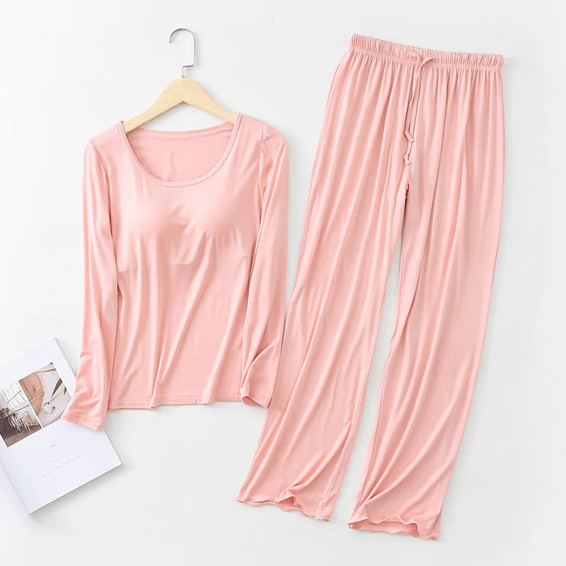 Pijama Feminino New Long Sleeve Trousers Set Modal Cotton Sleepwear Women Casual Bra Padded Winter Underwear Suit Female