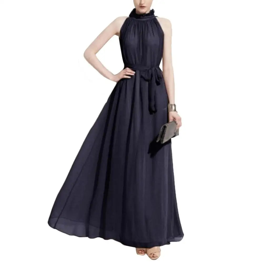 Bohemian Loose Long Dresses Women Summer Autumn Evening Party Solid Color Ruffled Collar Sleeveless Maxi Dress with Belt