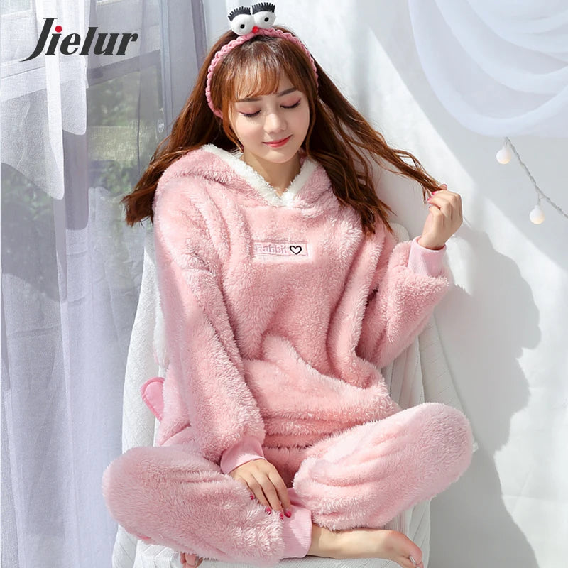 Jielur Winter Women Pajama Sets Lady Long Sleeve Shirt+Pants Solid Color Home suit Warm Hooded Cartoon Thick Pijama Feminino