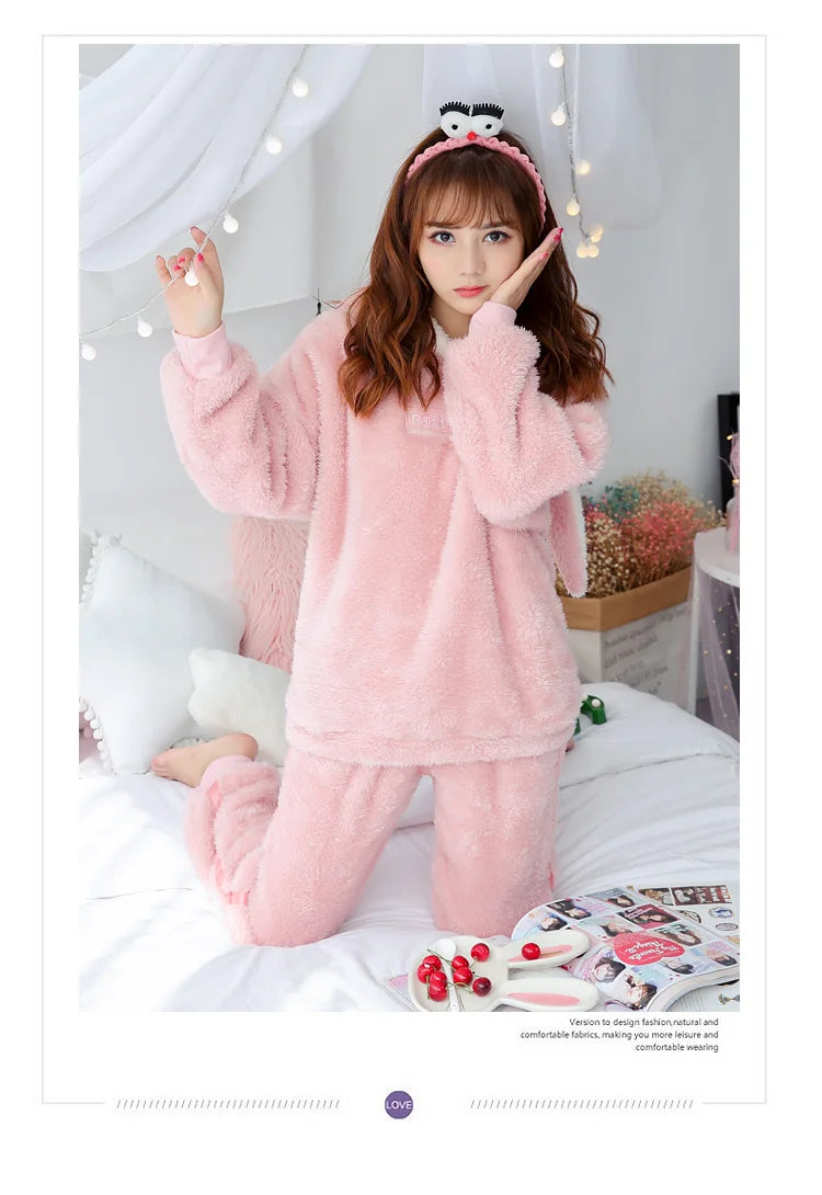 Jielur Winter Women Pajama Sets Lady Long Sleeve Shirt+Pants Solid Color Home suit Warm Hooded Cartoon Thick Pijama Feminino