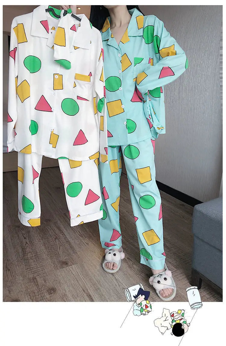 Pijama Schin Chan Pijamas Para Parejas 2-piece Set Home Causal V-neck Long Sleeve Nightgown Autumn Trousers Couple Pajama Sets