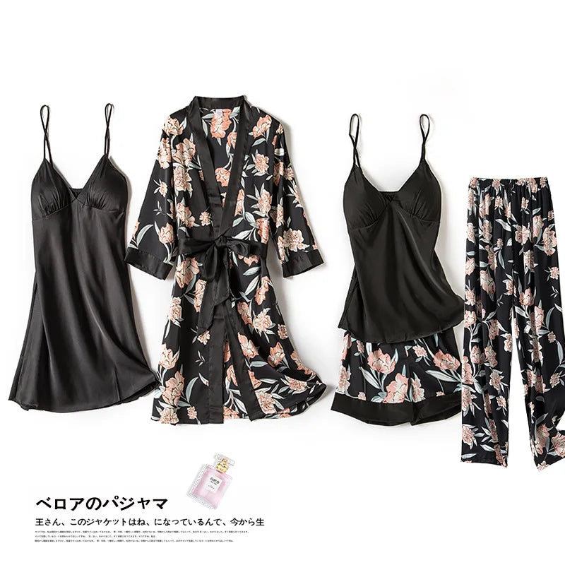 Pajamas for Women Pijama Mujer 4 Piece Set Sexy Ladies Pyjama Sleepwear Women Pajama Sets Sleep Lounge with Chest Pads Home Wear