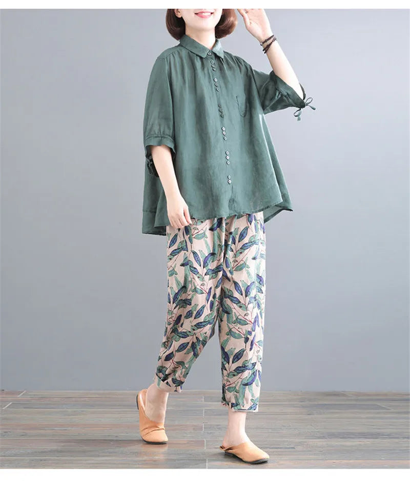 Pant Suits Women Summer New Korean Loose Fashion Sets Thin Cotton Shirt+Trousers Suit Female Retro Two Piece Set Women Green set