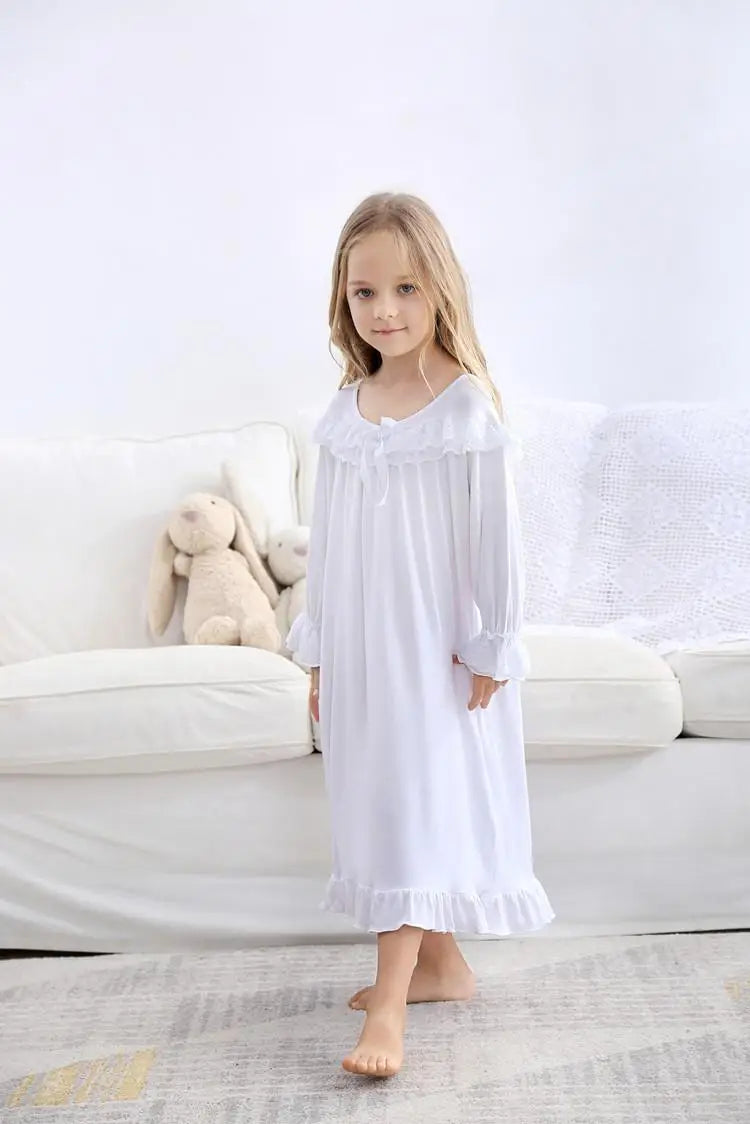 Pajama Dress Girl White Bow Long Sleeve Nightdress For Girls High-grade Cotton Children Nightwear Sweet Home Wear Nightdress