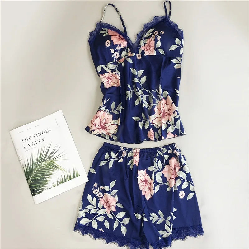 Daeyard Women's Pajamas Sexy Lingerie Silk Overall Print Cami And Shorts 2Pcs Pyjama Set Sleepwear Summer Pijama Nighty Homewear