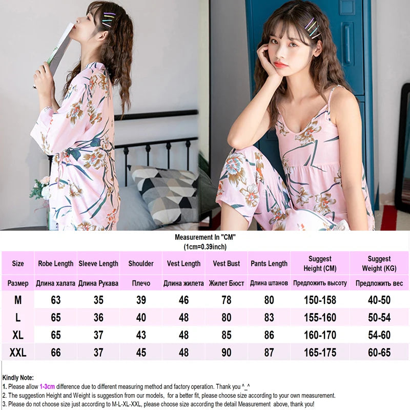 Women's Pajama Robe Set Sleepwear Suit Flower Printed Pijama Warm Home Clothing Nightwear Pyjama Women Sexy Lingerie 3 pieces