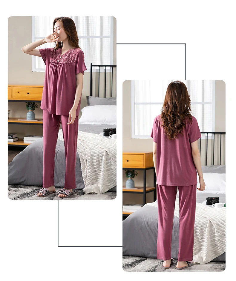 Women Pajama Sets Modal Cotton Pijamas Mujer Sleepwear Lady Short Sleeve Summer Nightwear Femme 2 Pieces Sets Lace Homewear XXXL