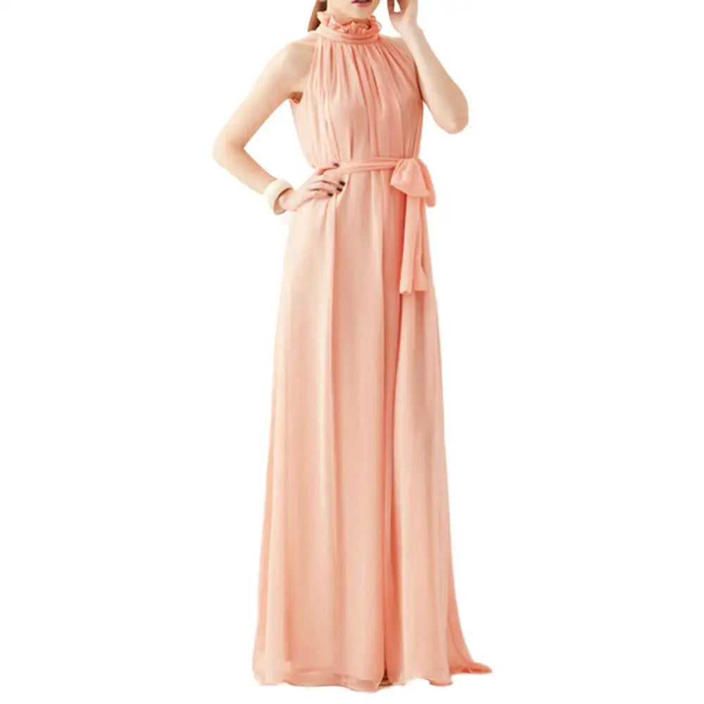 Bohemian Loose Long Dresses Women Summer Autumn Evening Party Solid Color Ruffled Collar Sleeveless Maxi Dress with Belt