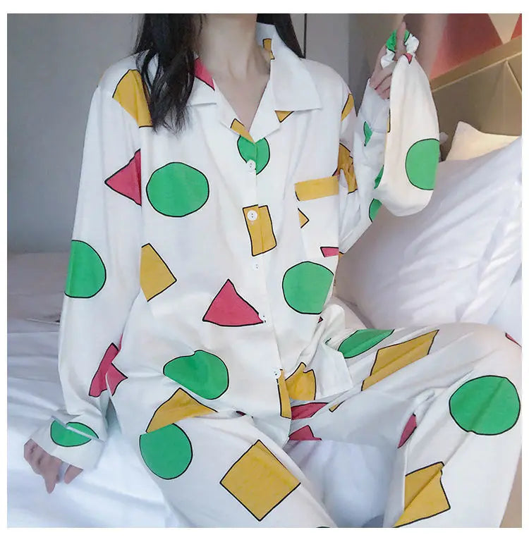 Pijama Schin Chan Pijamas Para Parejas 2-piece Set Home Causal V-neck Long Sleeve Nightgown Autumn Trousers Couple Pajama Sets
