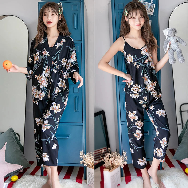 Women's Pajama Robe Set Sleepwear Suit Flower Printed Pijama Warm Home Clothing Nightwear Pyjama Women Sexy Lingerie 3 pieces
