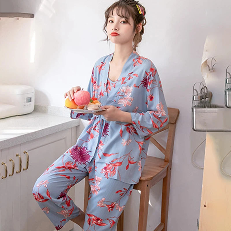 Women's Pajama Robe Set Sleepwear Suit Flower Printed Pijama Warm Home Clothing Nightwear Pyjama Women Sexy Lingerie 3 pieces
