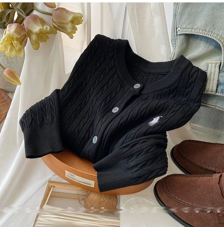 New Autumn Winter Solid Color O-Neck Twist Cable Cardigan Sweater Tops Women's Clothing