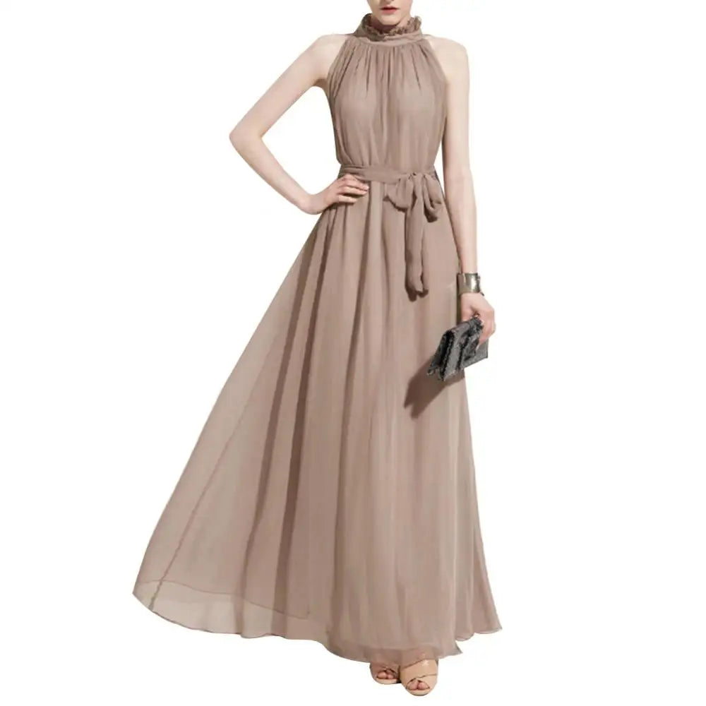 Bohemian Loose Long Dresses Women Summer Autumn Evening Party Solid Color Ruffled Collar Sleeveless Maxi Dress with Belt