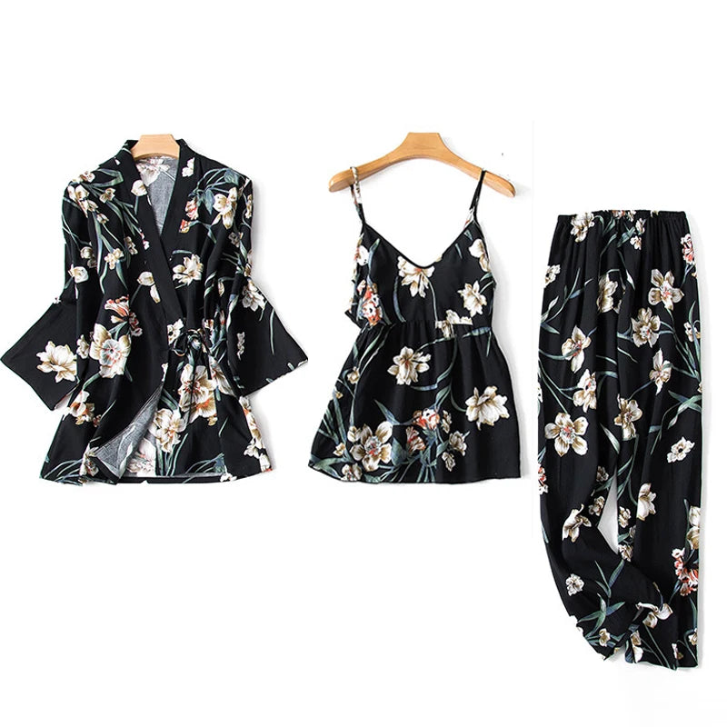 Women's Pajama Robe Set Sleepwear Suit Flower Printed Pijama Warm Home Clothing Nightwear Pyjama Women Sexy Lingerie 3 pieces