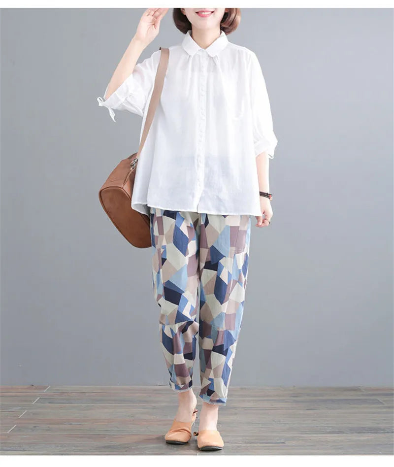 Pant Suits Women Summer New Korean Loose Fashion Sets Thin Cotton Shirt+Trousers Suit Female Retro Two Piece Set Women Green set