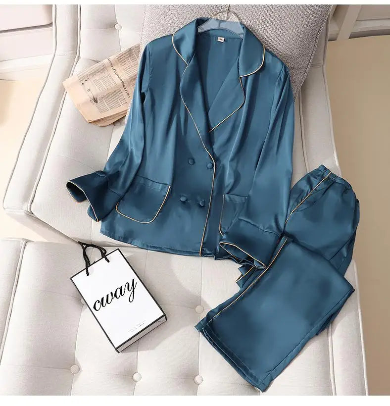 Pajama Set PJS For Women Satin Silky Pyjama Long Sleeve Casual Sleepwear Nightwear Loungewear Rayon 2 Piece Home Wear