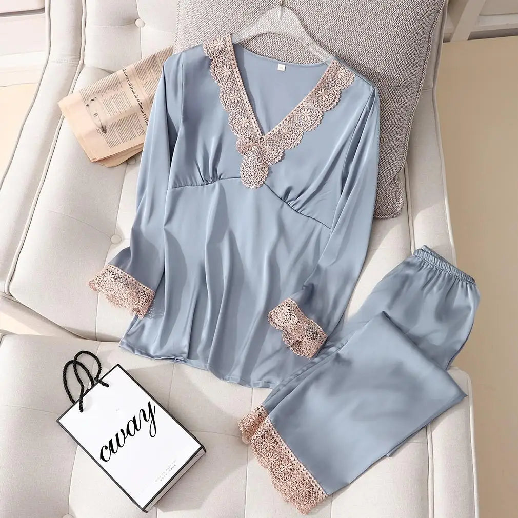 Pajama Set PJS For Women Satin Silky Pyjama Long Sleeve Casual Sleepwear Nightwear Loungewear Rayon 2 Piece Home Wear