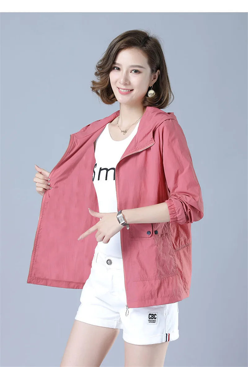 Women's Jacket 2022 New Summer Thin Coat Casual Windbreaker Female Sun Protection Jacket Basic Zipper Coat Tops 5XL