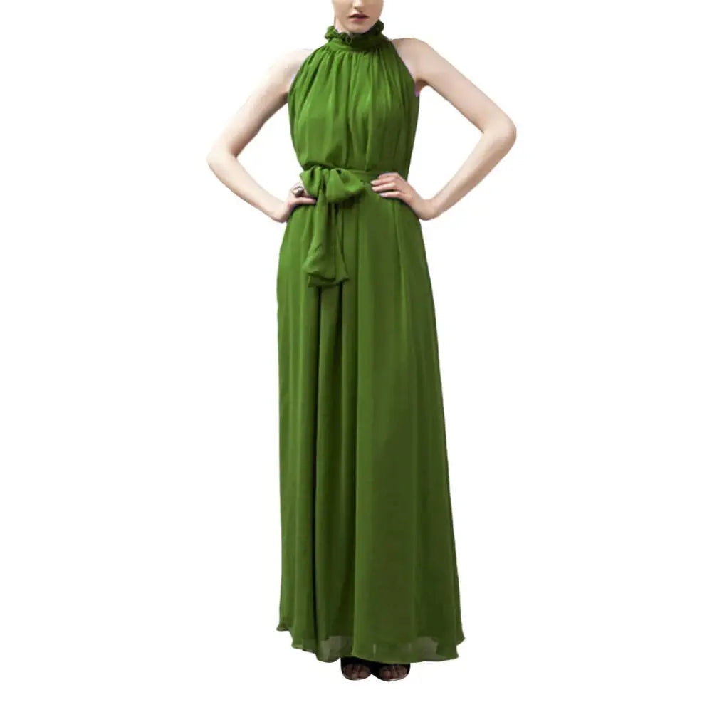 Bohemian Loose Long Dresses Women Summer Autumn Evening Party Solid Color Ruffled Collar Sleeveless Maxi Dress with Belt