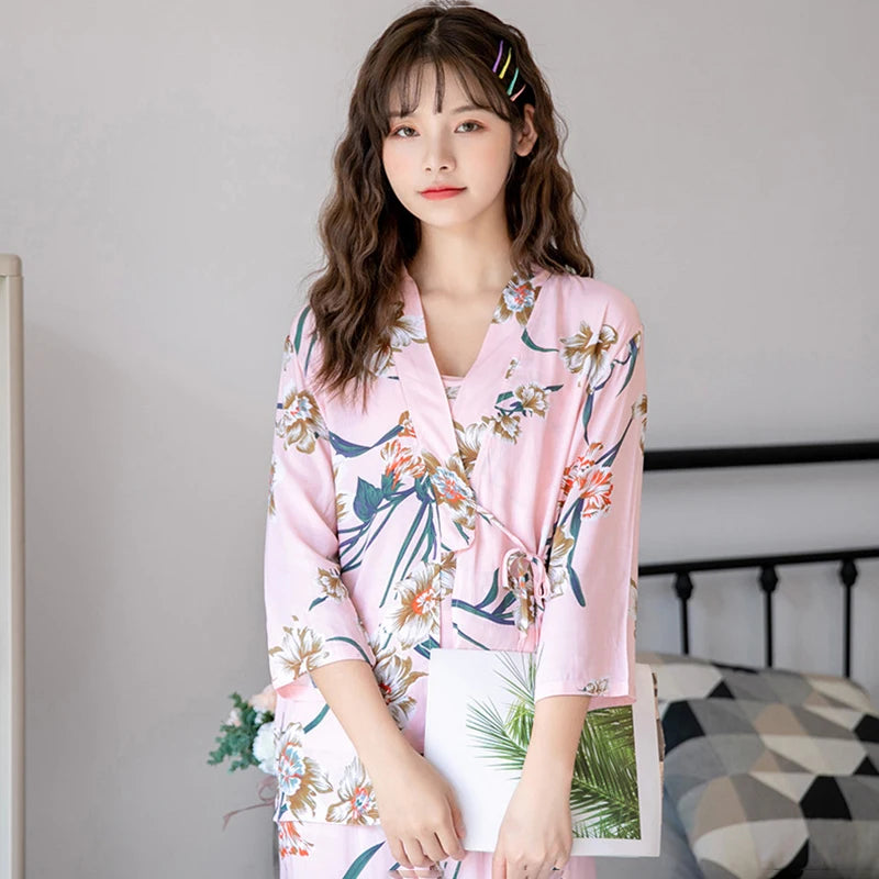 Women's Pajama Robe Set Sleepwear Suit Flower Printed Pijama Warm Home Clothing Nightwear Pyjama Women Sexy Lingerie 3 pieces