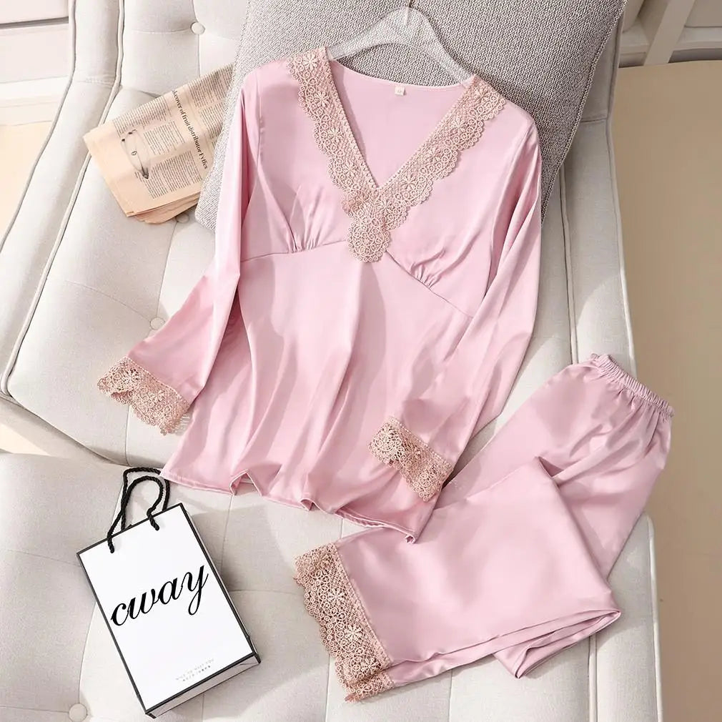 Pajama Set PJS For Women Satin Silky Pyjama Long Sleeve Casual Sleepwear Nightwear Loungewear Rayon 2 Piece Home Wear