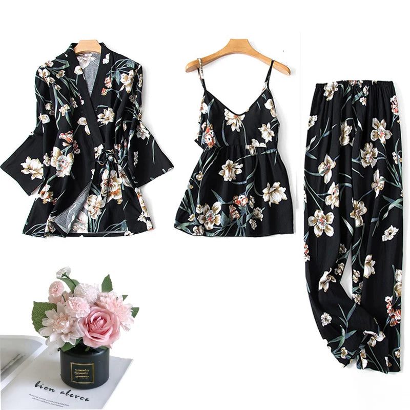 Women's Pajama Robe Set Sleepwear Suit Flower Printed Pijama Warm Home Clothing Nightwear Pyjama Women Sexy Lingerie 3 pieces