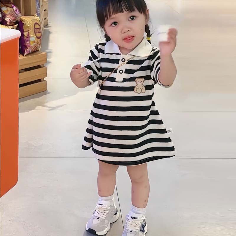 Summer Girl Dress Bear Embroidered Polo Neck Dresses Striped A-line Skirt Princess Skirt Soft and Comfortable Children Clothes