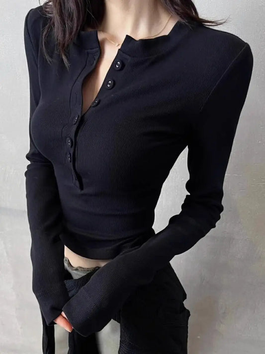 Polo Neck T Shirt for Women Sexy Crop Top Button Long Sleeve Woman Tshirt Slim Black Youthful Elegant Synthetic Aesthetic Luxury