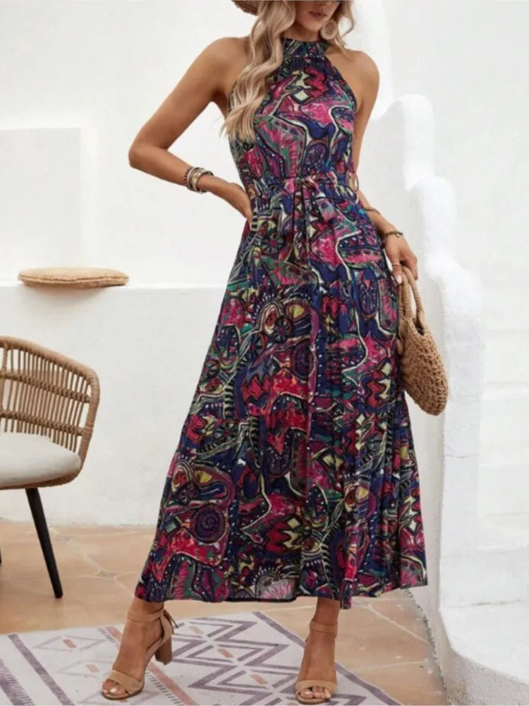 Women's Dress Elegant Print Sleeveless O-neckhalter Off Shoulder Dresses Vintage Waistlace Up Boho Women Long Dress Vestidos