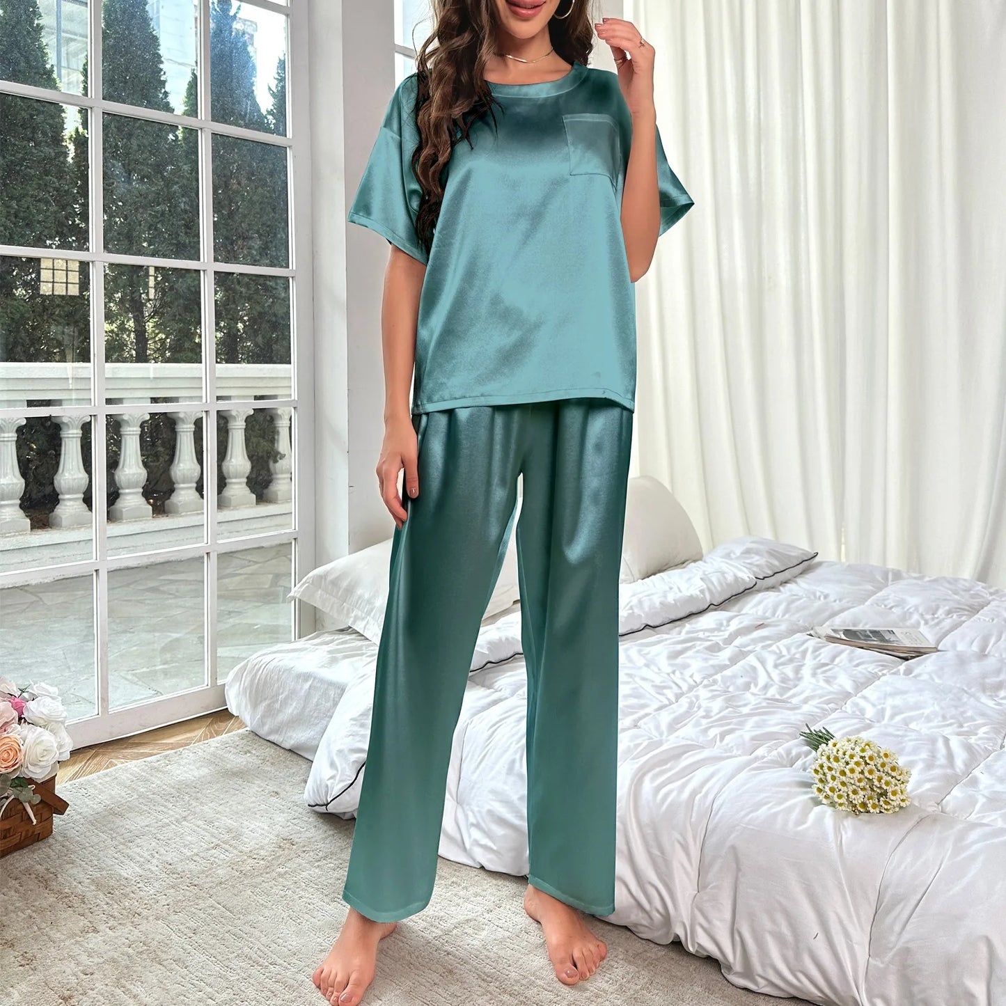 High Quality Casual Ice Silk Loose Pajamas Set Short Sleeved Long Pants Comfortable Pajama Set Daily Home Clothes Pajama Set