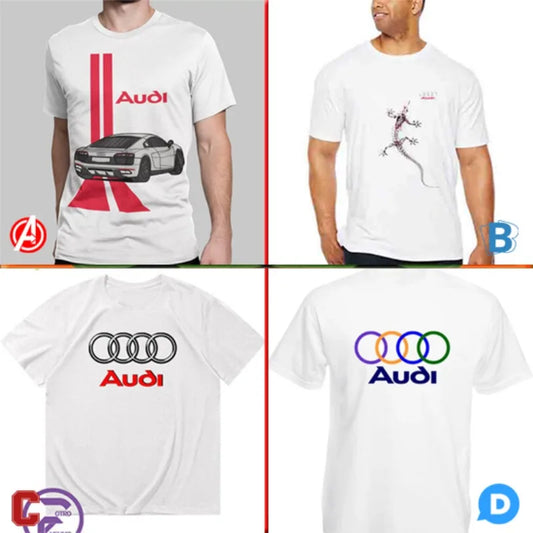 T Shirt for Men Summer Casual Streetwear Style Audi Car Graphic Cottonblack White Contrast Print Left Chest Motorsport Theme