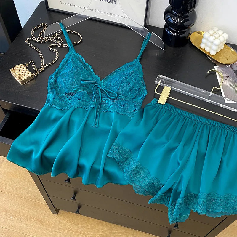 Female Suspender Pajamas Set Lounge Wear Sexy Hollow Out Lace Intimate Lingerie Sleepwear Summer New Strap Top&shorts Homewear