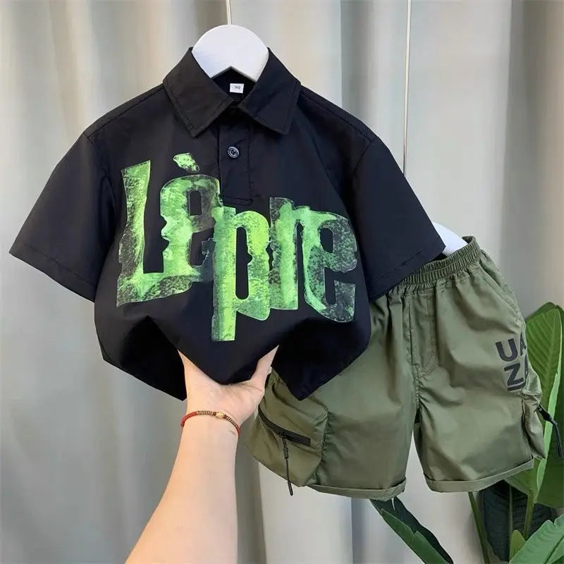 Korean Children's Clothes 2025 Summer Kids Clothes Boys Outfits Baby Thin Short Sleeves Stripe Polo Shirt +Shorts Two Pieces Set
