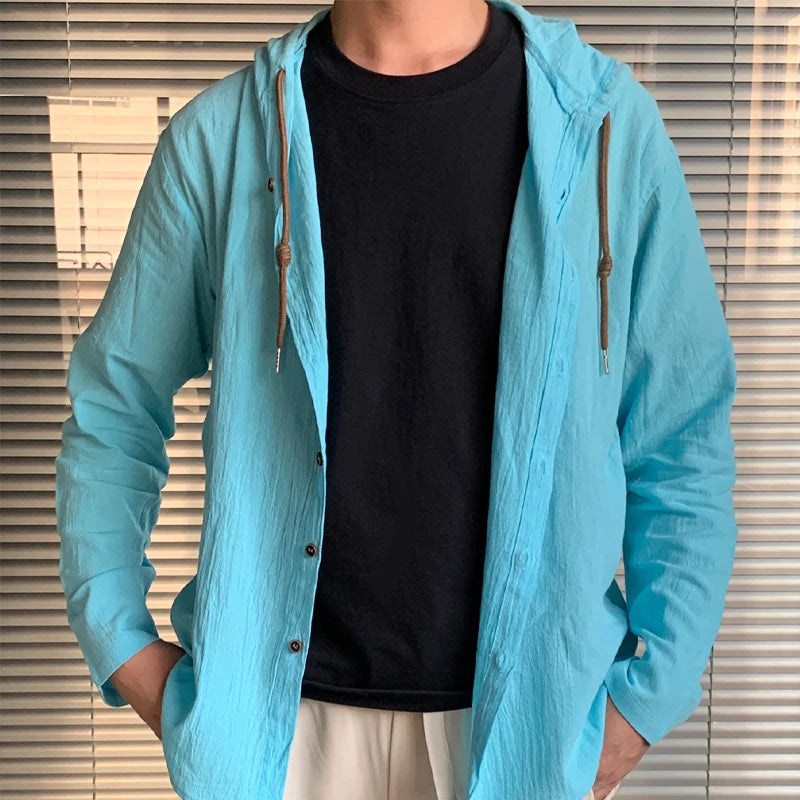 Summer Men's Cotton Linen Shirt Solid Streetwear Long Sleeve Hoodie Clothing For Men Button Tops Casual Loose Men Hooded Shirt