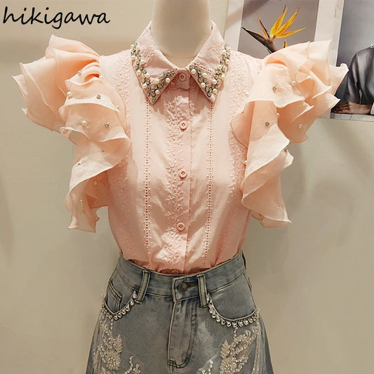 2025 Blusas Mujer De Moda Sweet Blouse Diamond Flying Sleeve Ruffles Pink Shirts Temperament Summer Blouses Tops Women Clothing