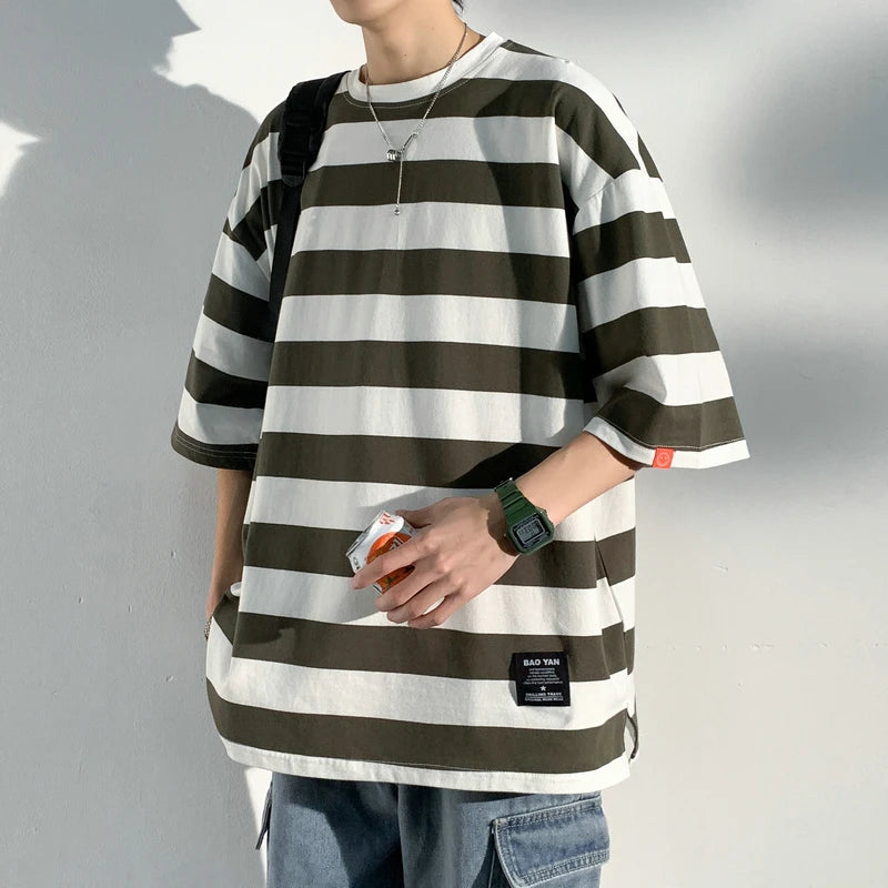 T Shirt Men Cotton Striped Fashion Mens Summer T-shirts 5XL Male Oversized Tee Shirts Funny Casual TShirt for Man